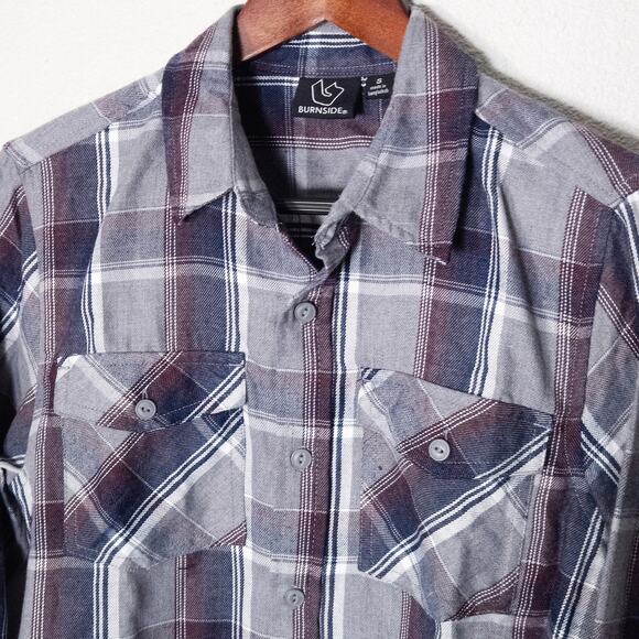 Burnside Men's Flannel Shirt Gray Blue Plaid Size S Normcore - Picture 3 of 6